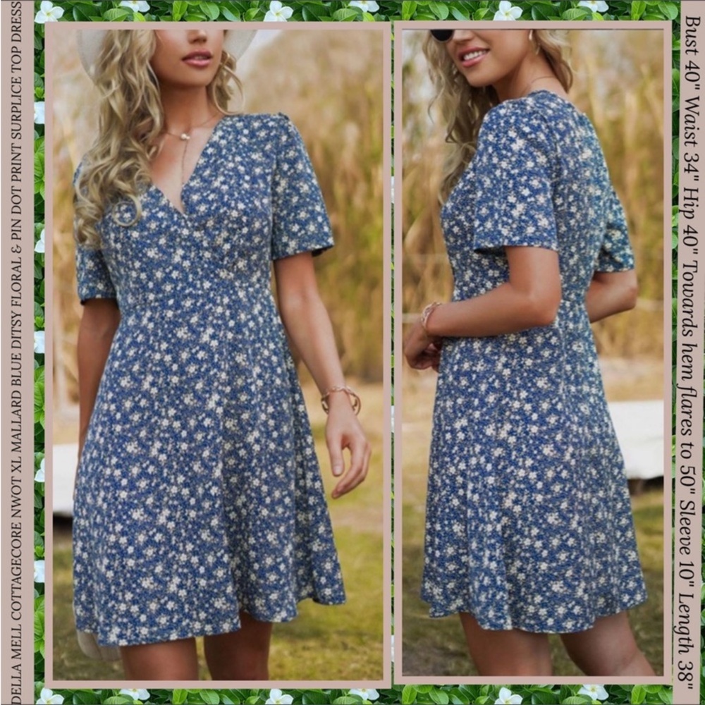 COTTAGECORE NWOT XL DRESS MALLARD BLUE DITSY FLORAL & PIN DOT PRINT SURPLICE-TOP